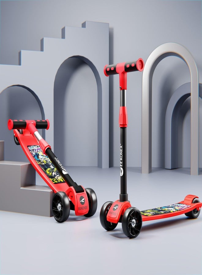 Konex Kick Scooter for Kids (2+ Years) | 3 Broad Rubber Wheels for Smooth Ride | 4-Level Height Adjustable Handle | Foldable & Portable with Back Brake (Red-Black, ECO) - Image 1