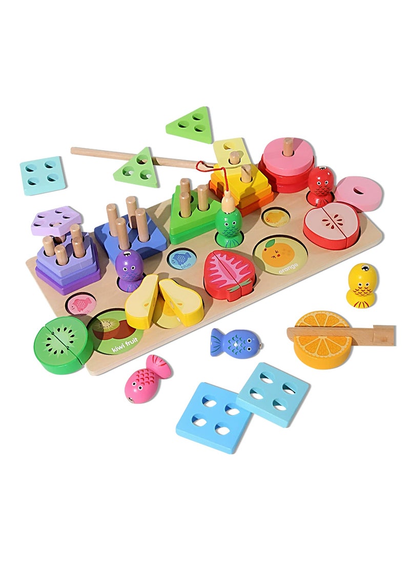Rightsure Montessori Toys, Magnetic Fishing Game Wooden Sorting and Stacking Toy and Fruit Cutting Toy for Toddlers and Kids Babies, Color Recognition Shape Sorter Gift Educational Learning Toy.  - Image 1