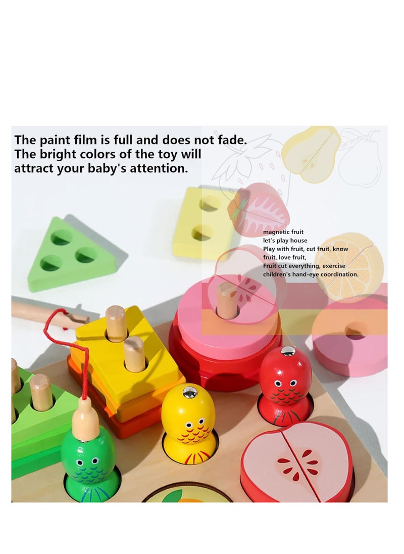 Rightsure Montessori Toys, Magnetic Fishing Game Wooden Sorting and Stacking Toy and Fruit Cutting Toy for Toddlers and Kids Babies, Color Recognition Shape Sorter Gift Educational Learning Toy.  - Image 4