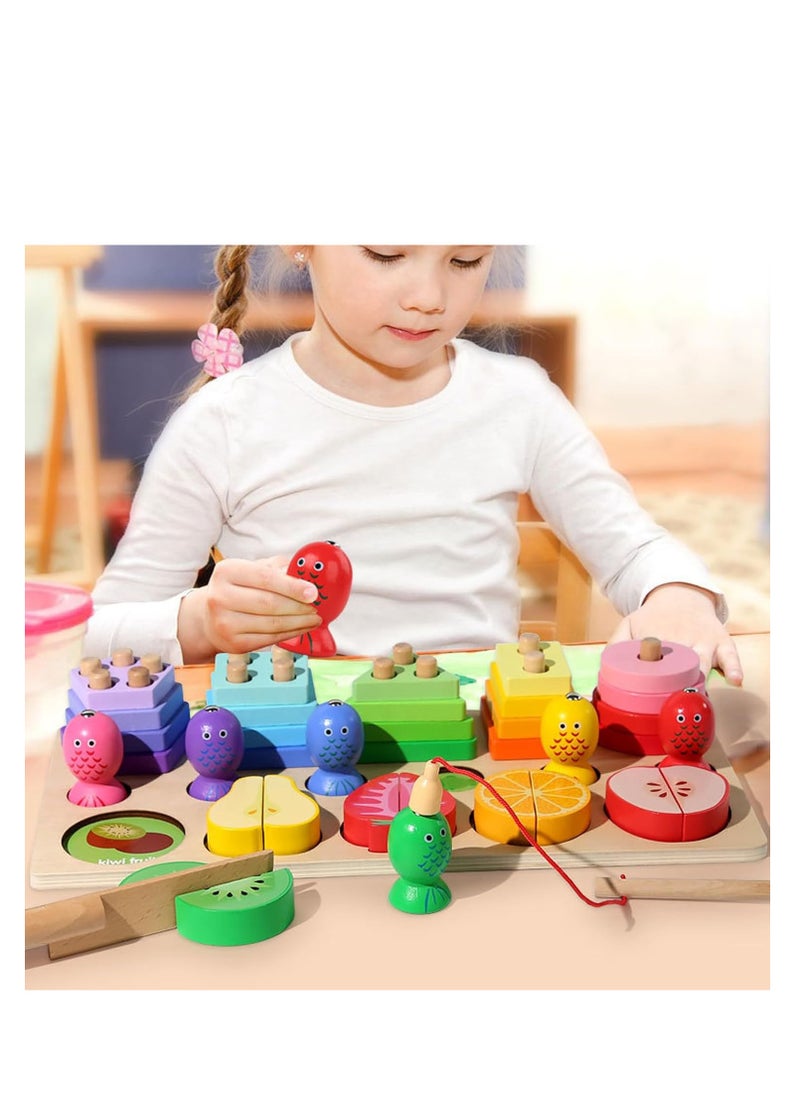 Rightsure Montessori Toys, Magnetic Fishing Game Wooden Sorting and Stacking Toy and Fruit Cutting Toy for Toddlers and Kids Babies, Color Recognition Shape Sorter Gift Educational Learning Toy.  - Image 5