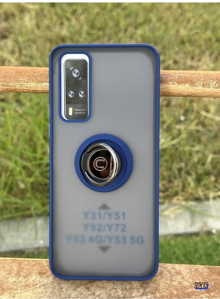 TIGER Compatible for Vivo Y31, Y51, Y52, Y72, Y53 Case – Thin Translucent Matte Back Cover with Camera Protection, 360° Rotational Car Mount Magnetic Ring Holder Case (Blue) - Image 2
