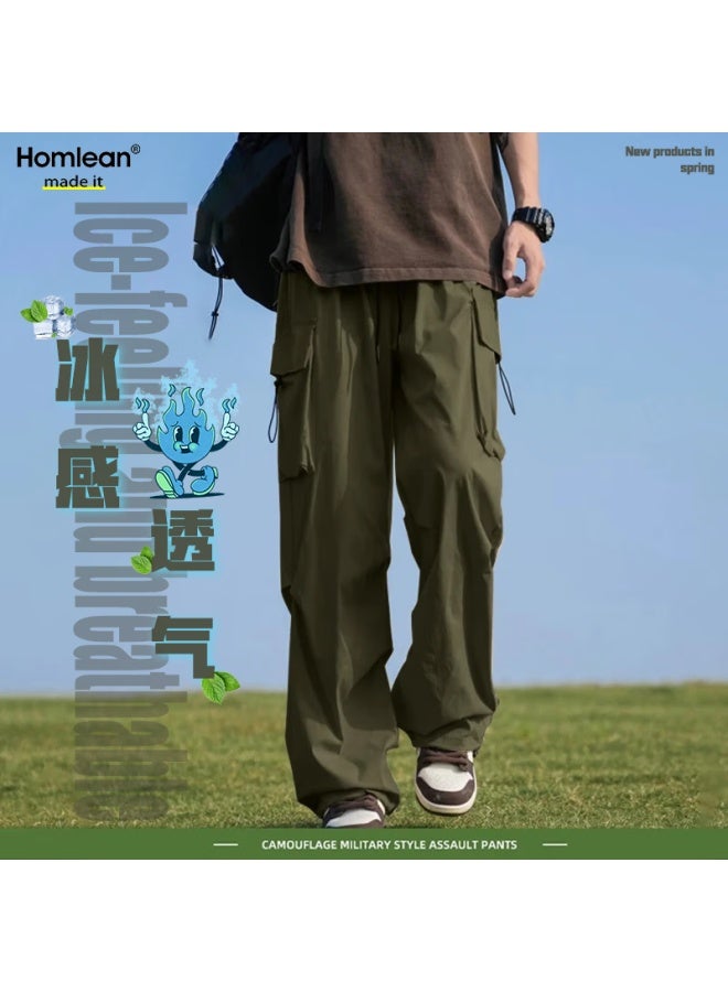 Homlean American-style Functional Paratrooper Cargo Pants For Men, Summer Loose Thin Ice-cool Breathable Casual Trousers B6603 Army Green L - Image 1