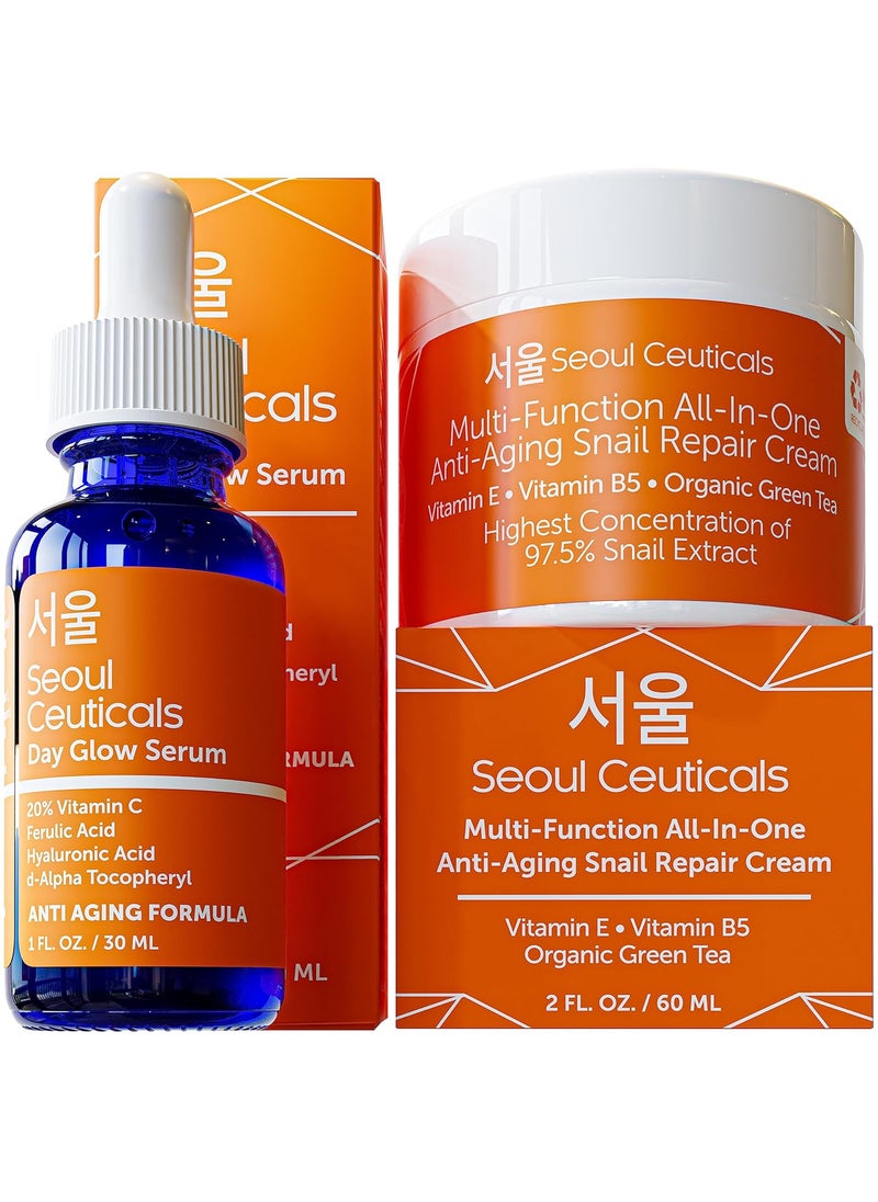 seoulceuticals Korean Skin Care Set  Potent Vitamin C Serum with Korean Snail Repair Cream  The Most Potent Duo For Providing You With That Bright Youthful Glow Your Natural  Organic Korean Beauty Routine 