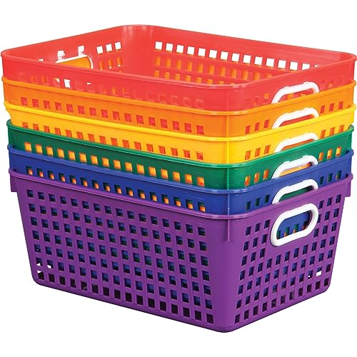 Really Good Stuff Plastic Storage Baskets with Handles, Bins for Books & Supplies, Organize Classroom & Home, 13” x 10”, Rainbow Colors 6 pk - Image 1