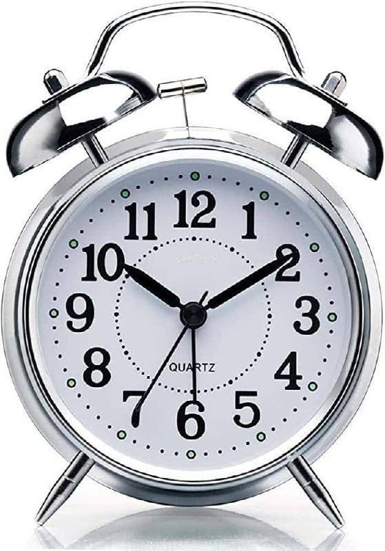 Lucc1n Alloy Steel Glass Twin Bell Edition Vintage Look with Night LED Display Table Alarm Clock Silver - Image 1