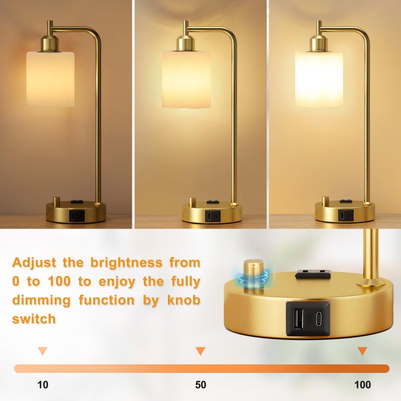 Innqoo Industrial Table Lamps for Bedroom Set of 2 - Fully Dimmable Bedside Lamps with USB Ports and Outlet, Gold Nightstand Lamps with Opal Glass Shade for Living Room, Desk Lamps for Office Reading - Image 2