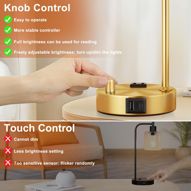 Innqoo Industrial Table Lamps for Bedroom Set of 2 - Fully Dimmable Bedside Lamps with USB Ports and Outlet, Gold Nightstand Lamps with Opal Glass Shade for Living Room, Desk Lamps for Office Reading - Image 4
