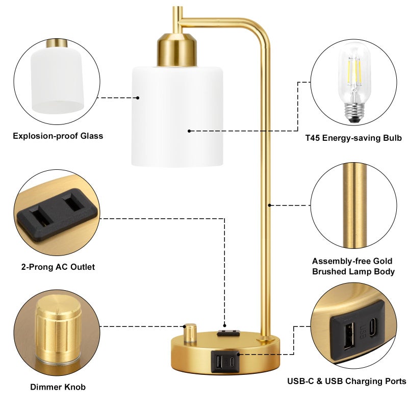 Innqoo Industrial Table Lamps for Bedroom Set of 2 - Fully Dimmable Bedside Lamps with USB Ports and Outlet, Gold Nightstand Lamps with Opal Glass Shade for Living Room, Desk Lamps for Office Reading - Image 5