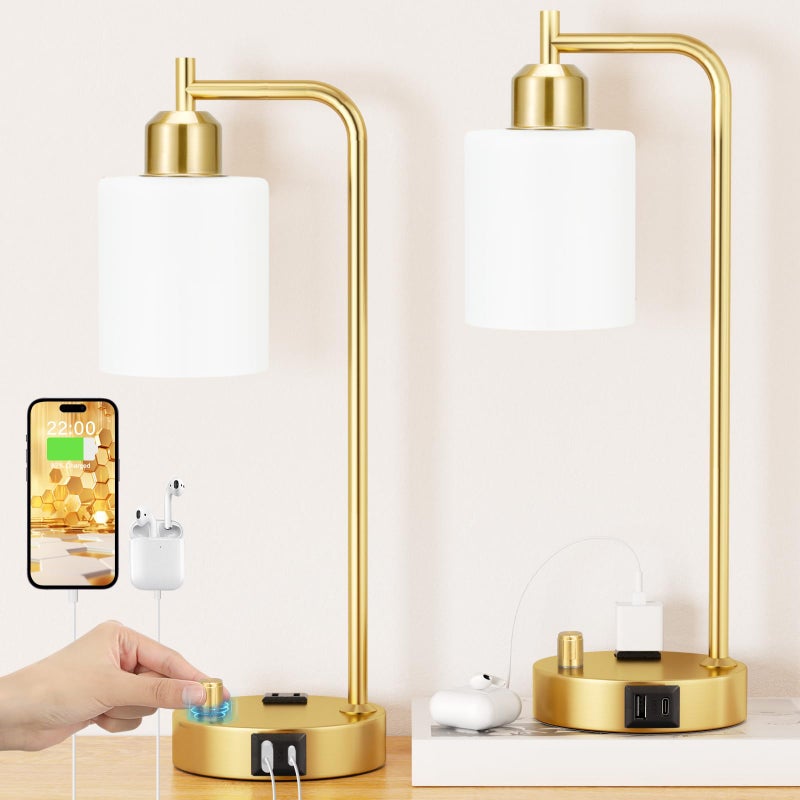 Innqoo Industrial Table Lamps for Bedroom Set of 2 - Fully Dimmable Bedside Lamps with USB Ports and Outlet, Gold Nightstand Lamps with Opal Glass Shade for Living Room, Desk Lamps for Office Reading - Image 1