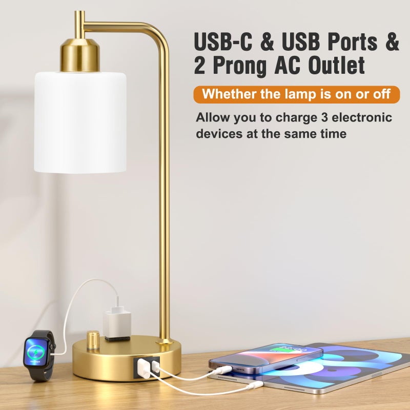 Innqoo Industrial Table Lamps for Bedroom Set of 2 - Fully Dimmable Bedside Lamps with USB Ports and Outlet, Gold Nightstand Lamps with Opal Glass Shade for Living Room, Desk Lamps for Office Reading - Image 3