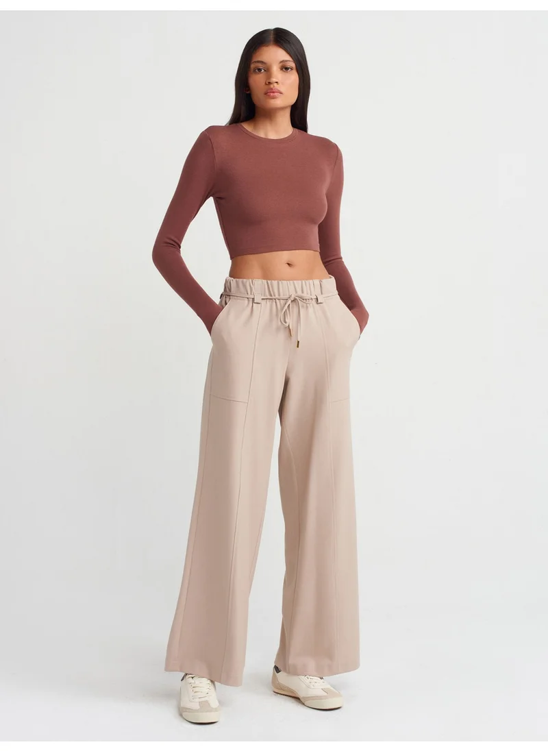 Dilvin 71546 Elastic Waist Wide Leg Trousers-Stone