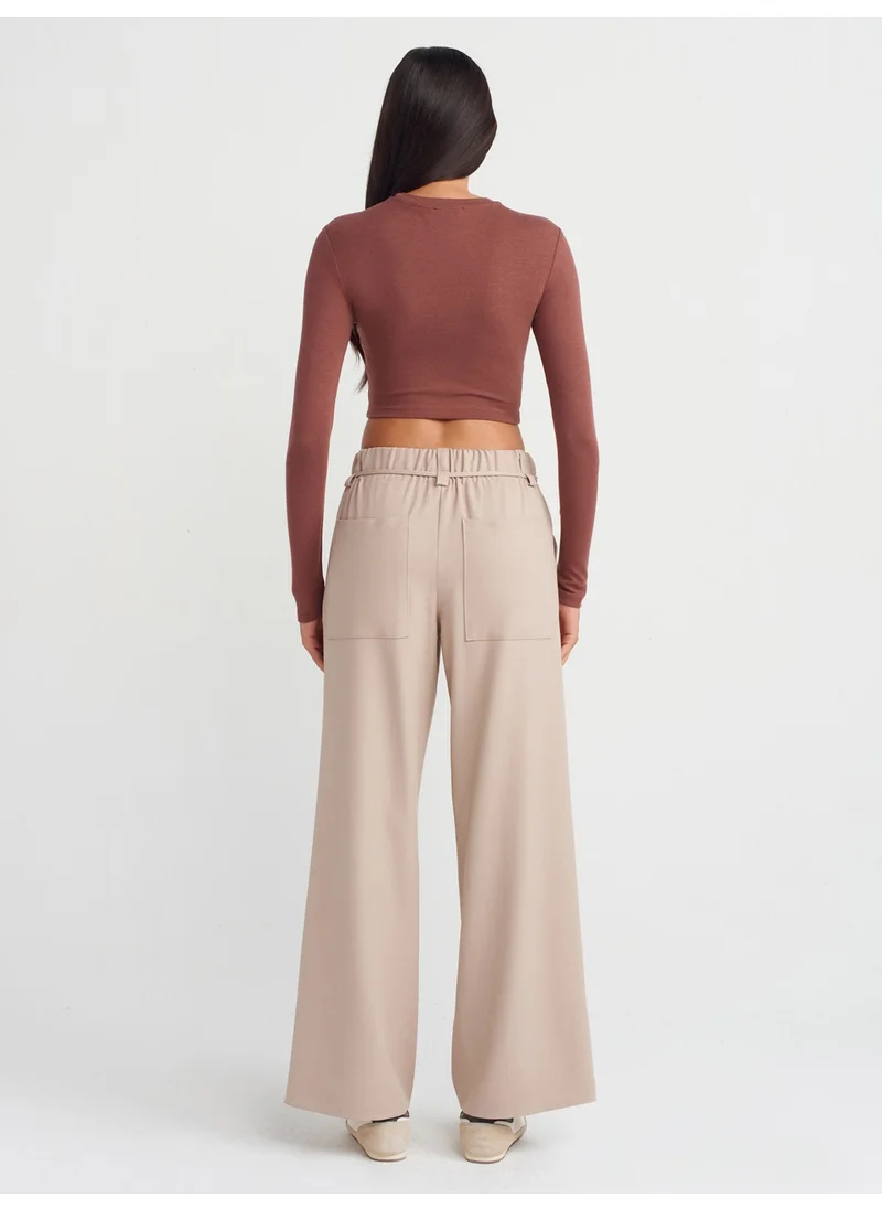 ديلفين 71546 Elastic Waist Wide Leg Trousers-Stone