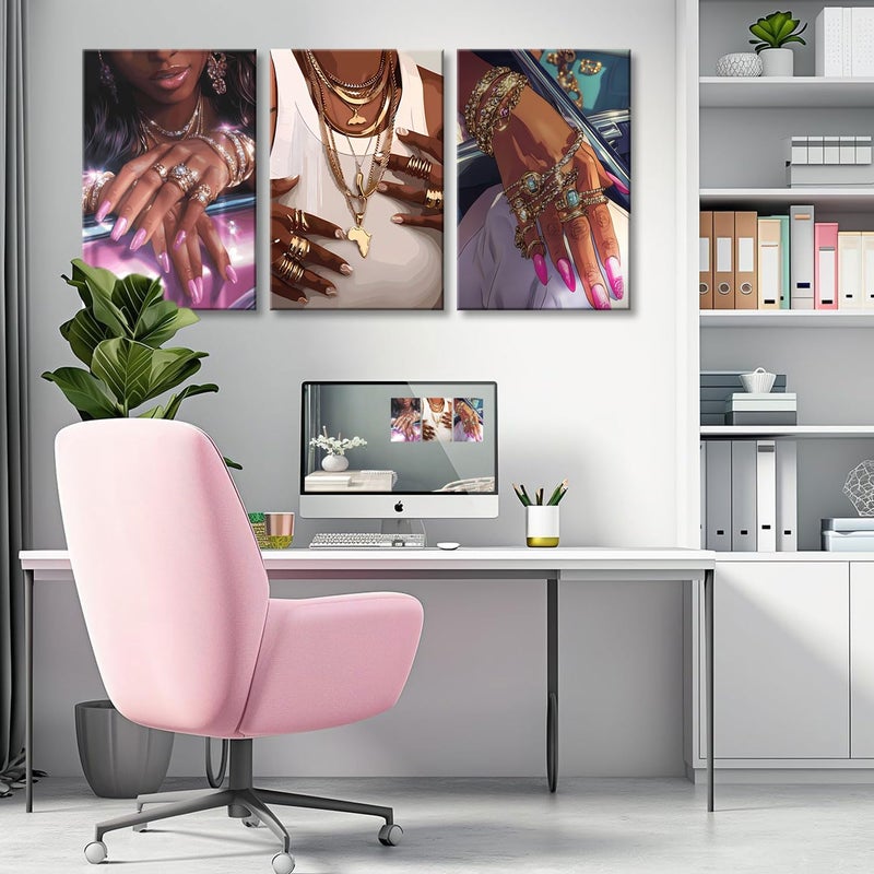 NCYEL 3Pcs Black Girls Wall Art African American Fashion Canvas Print Luxury Shiny Picture Gold Jewelry Decorative Prints Posters Bedroom Living Room Salon Artwork 12X16Inch - Image 4