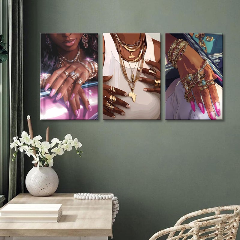 NCYEL 3Pcs Black Girls Wall Art African American Fashion Canvas Print Luxury Shiny Picture Gold Jewelry Decorative Prints Posters Bedroom Living Room Salon Artwork 12X16Inch - Image 2