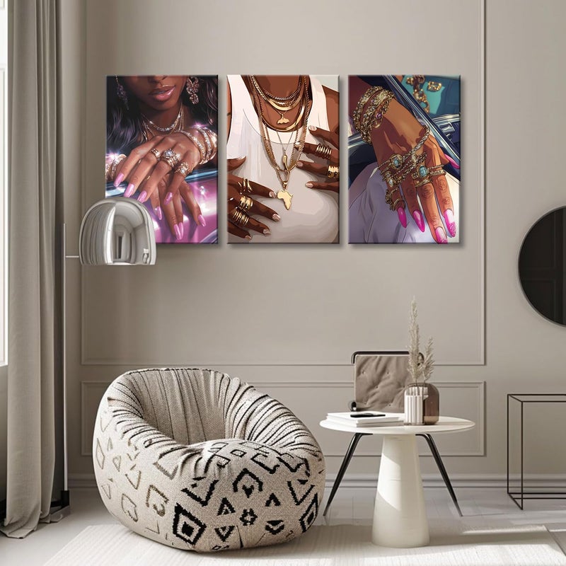 NCYEL 3Pcs Black Girls Wall Art African American Fashion Canvas Print Luxury Shiny Picture Gold Jewelry Decorative Prints Posters Bedroom Living Room Salon Artwork 12X16Inch - Image 3