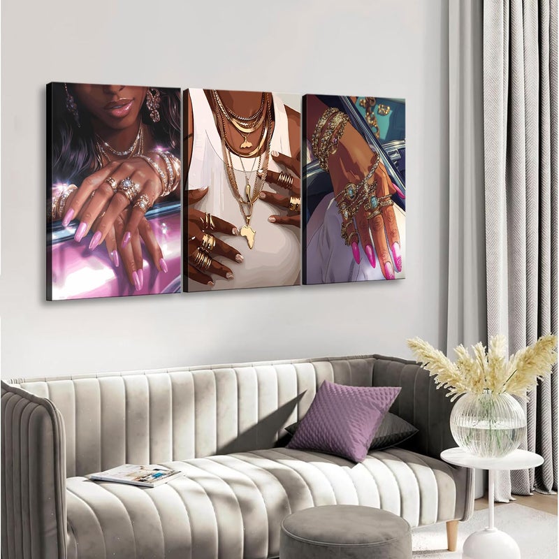 NCYEL 3Pcs Black Girls Wall Art African American Fashion Canvas Print Luxury Shiny Picture Gold Jewelry Decorative Prints Posters Bedroom Living Room Salon Artwork 12X16Inch - Image 5