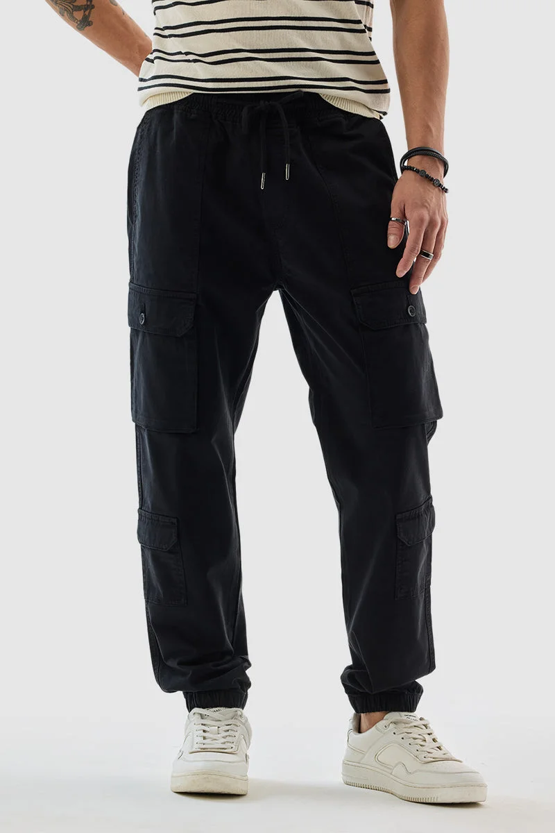 SNITCH Black Regular Fit Cargo Joggers