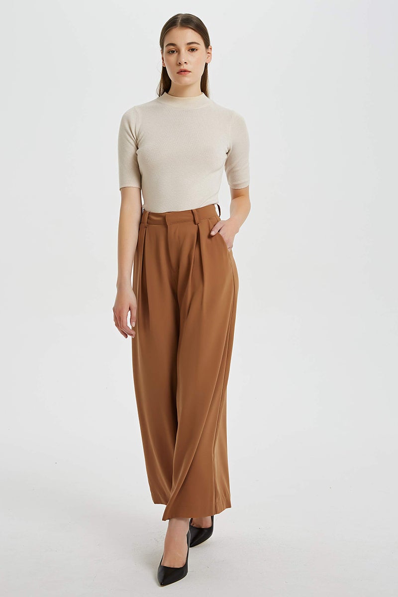 Tronjori Women High Waist Casual Wide Leg Long Palazzo Pants Trousers Regular Size(M,Brown Short) - Image 3