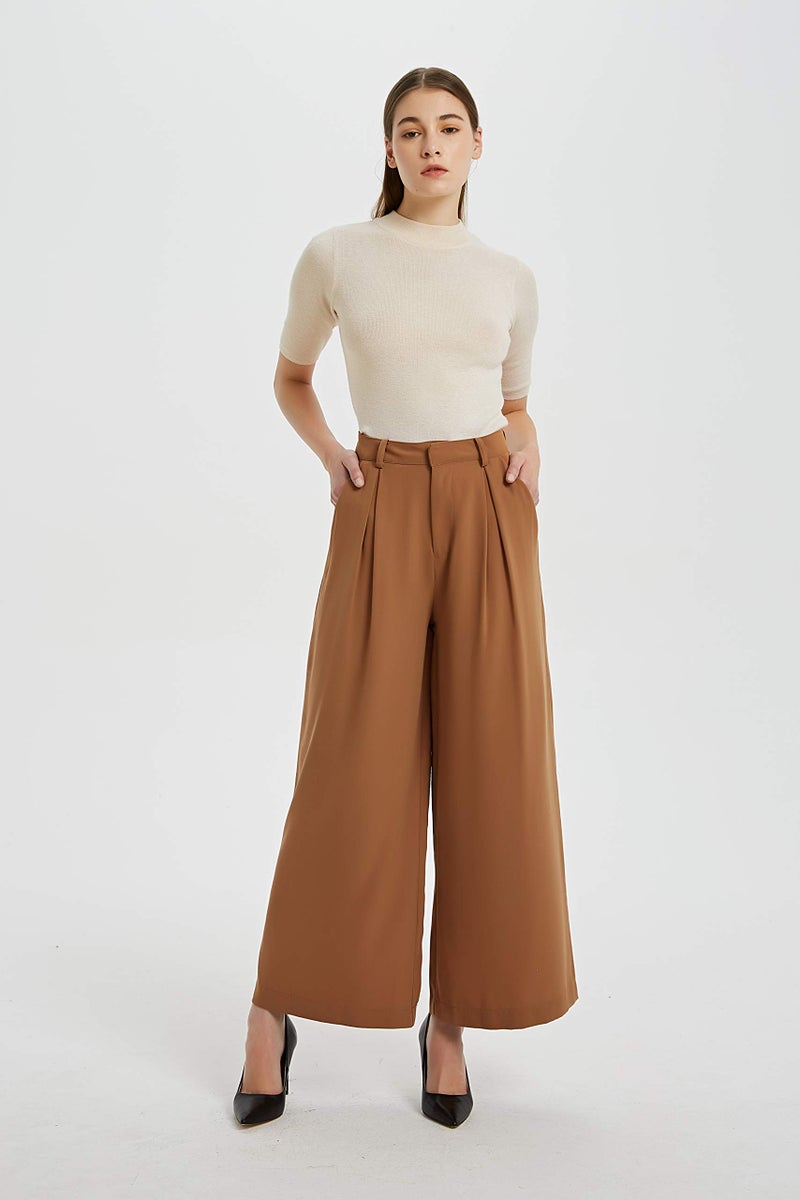 Tronjori Women High Waist Casual Wide Leg Long Palazzo Pants Trousers Regular Size(M,Brown Short) - Image 2
