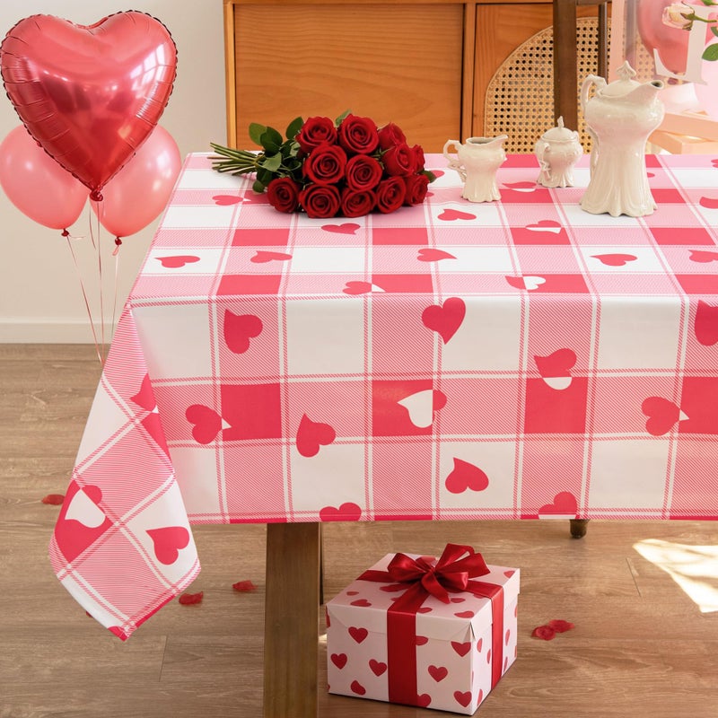 MikiUp Checkered Rectangle Valentine's Day Tablecloth - Waterproof and Washable Love Heart Gingham Table Cloth Decorative Table Cover for Party, Pink 60 x 84 Inch - Image 1