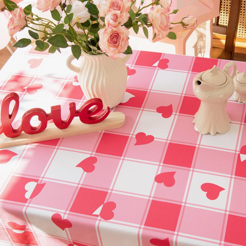 MikiUp Checkered Rectangle Valentine's Day Tablecloth - Waterproof and Washable Love Heart Gingham Table Cloth Decorative Table Cover for Party, Pink 60 x 84 Inch - Image 3