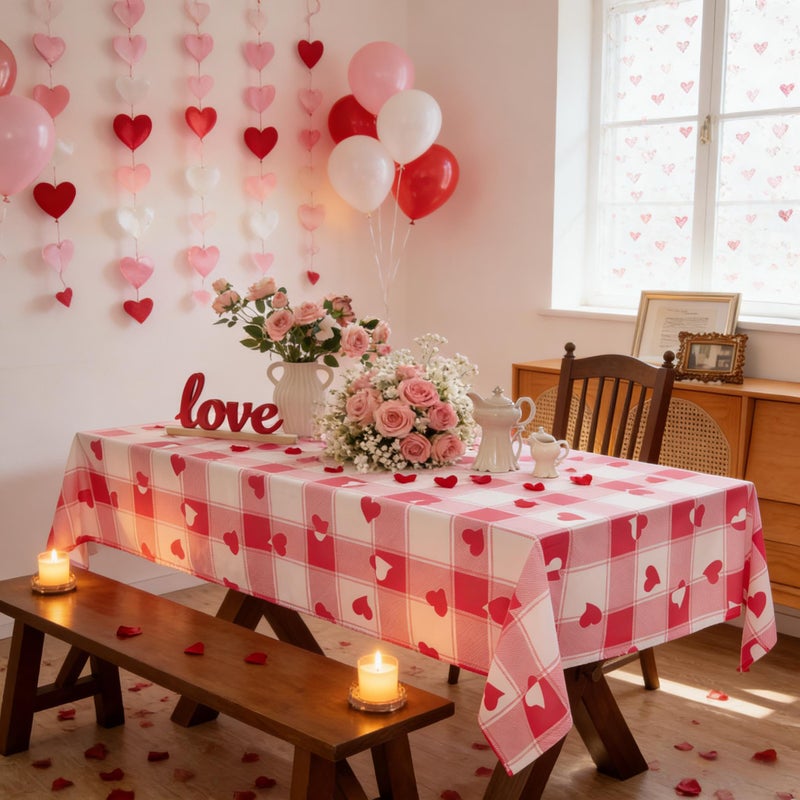 MikiUp Checkered Rectangle Valentine's Day Tablecloth - Waterproof and Washable Love Heart Gingham Table Cloth Decorative Table Cover for Party, Pink 60 x 84 Inch - Image 2