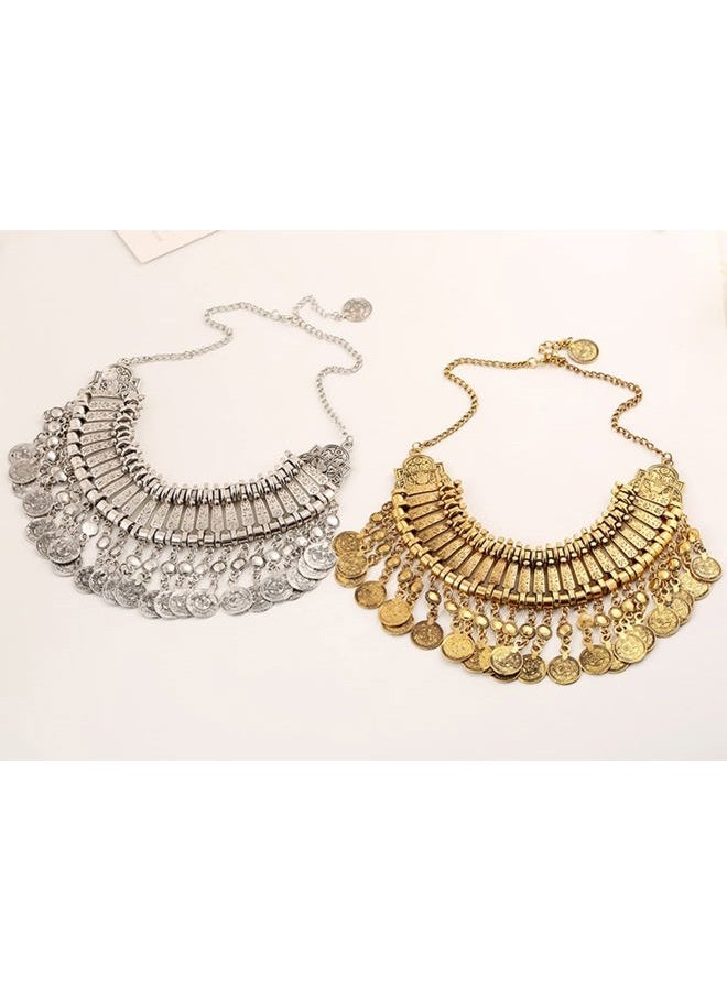 CCBFY Long Tassel Chunky Boho Coin Statement Necklace For Women Silver (Style 3 - Gold) - Image 5