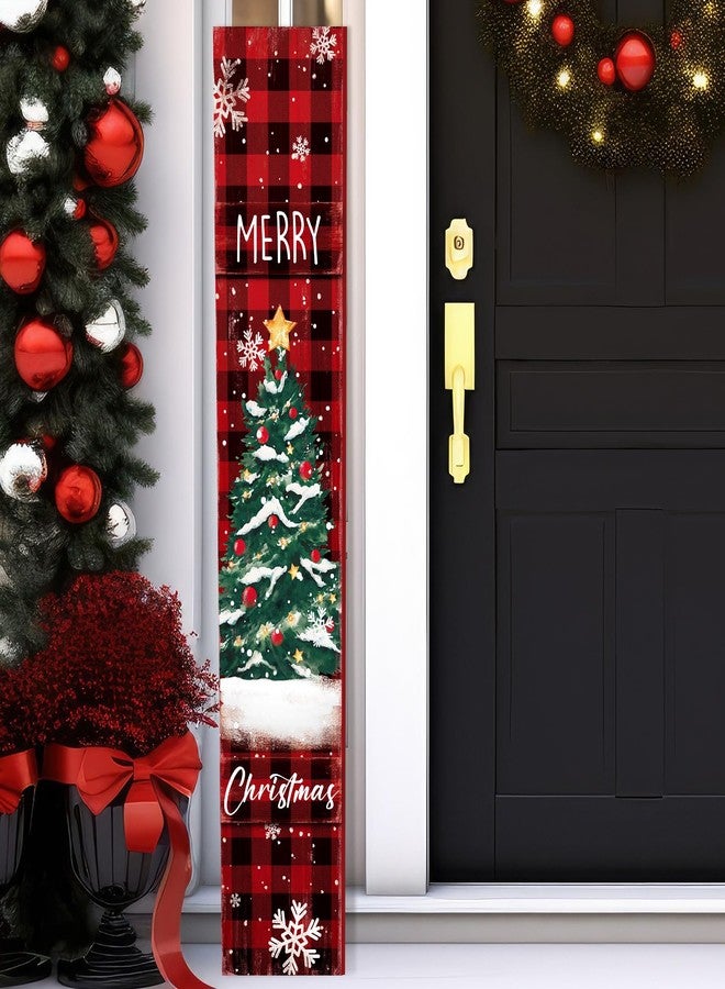 Chitidr 47" Christmas Front Porch Sign Buffalo Plaid Wooden Sign Merry Christmas Standing Vertical Door Hanger Rustic Xmas Front Porch Decor for Farmhouse Door Decoration - Image 1