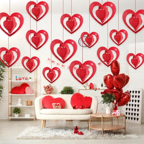 Pedel 15 Pieces Valentines Day Heart Swirl, 3D Red Glitter Heart Hanging Swirls with Red Ribbon for Galentines Wedding Anniversary Engagement Party Decoration - Image 2