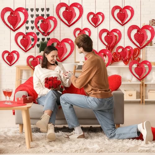 Pedel 15 Pieces Valentines Day Heart Swirl, 3D Red Glitter Heart Hanging Swirls with Red Ribbon for Galentines Wedding Anniversary Engagement Party Decoration - Image 3