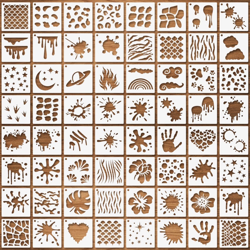 64 Pcs Stain and Splatter Stencils Graffiti Drip Stars  Shoe Stencils  Reusable Plastic Templates for Painting on Wood Pillows Wall Paper Fabric  Halloween Cosplay Party  3x3