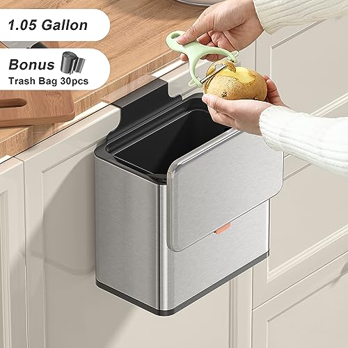 Mbillion Kitchen Compost Bin Hanging Trash Can with Lid 1.05 Gallon Stainless Steel Garbage Can for Kitchen Cabinet Door Mounted Trash Can Under Sink Door RV Bathroom,Silver - Image 2