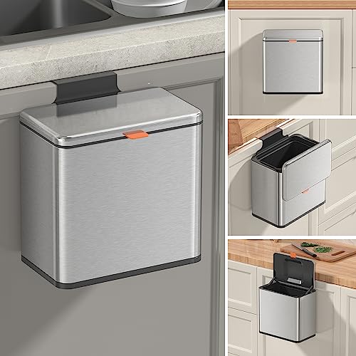 Mbillion Kitchen Compost Bin Hanging Trash Can with Lid 1.05 Gallon Stainless Steel Garbage Can for Kitchen Cabinet Door Mounted Trash Can Under Sink Door RV Bathroom,Silver - Image 1