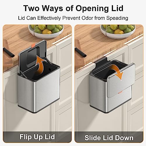 Mbillion Kitchen Compost Bin Hanging Trash Can with Lid 1.05 Gallon Stainless Steel Garbage Can for Kitchen Cabinet Door Mounted Trash Can Under Sink Door RV Bathroom,Silver - Image 3