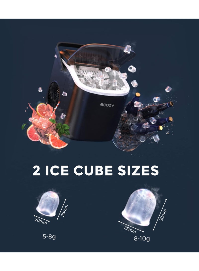 ecozy Portable Countertop Ice Maker - 9 Ice Cubes in 6 Minutes, 12 kg Daily Output, Self-Cleaning with Ice Bags, Scoop, and Basket for Kitchen, Office, Bar, Party - Black - Image 2