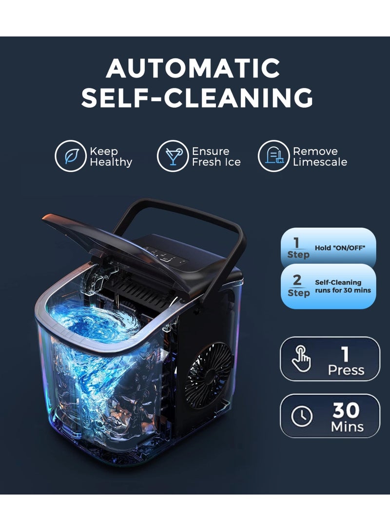 ecozy Portable Countertop Ice Maker - 9 Ice Cubes in 6 Minutes, 12 kg Daily Output, Self-Cleaning with Ice Bags, Scoop, and Basket for Kitchen, Office, Bar, Party - Black - Image 3