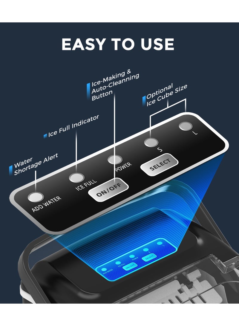 ecozy Portable Countertop Ice Maker - 9 Ice Cubes in 6 Minutes, 12 kg Daily Output, Self-Cleaning with Ice Bags, Scoop, and Basket for Kitchen, Office, Bar, Party - Black - Image 4