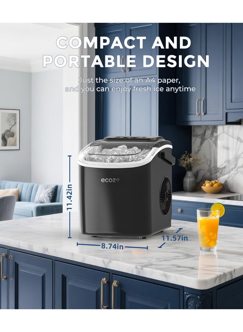 ecozy Portable Countertop Ice Maker - 9 Ice Cubes in 6 Minutes, 12 kg Daily Output, Self-Cleaning with Ice Bags, Scoop, and Basket for Kitchen, Office, Bar, Party - Black - Image 5