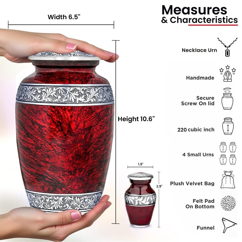 LIFAG Red Urn Sets of 6 Funeral & Cremation Urns for Human Ashes Adult Man or Woman | 1 Large Red Urns for Human Ashes Adult Female with an Ash Necklace & 4 Small Urns for Family Sharing - Image 3