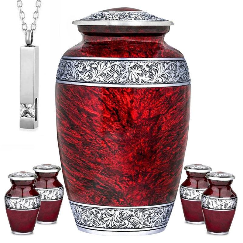 LIFAG Red Urn Sets of 6 Funeral & Cremation Urns for Human Ashes Adult Man or Woman | 1 Large Red Urns for Human Ashes Adult Female with an Ash Necklace & 4 Small Urns for Family Sharing - Image 1