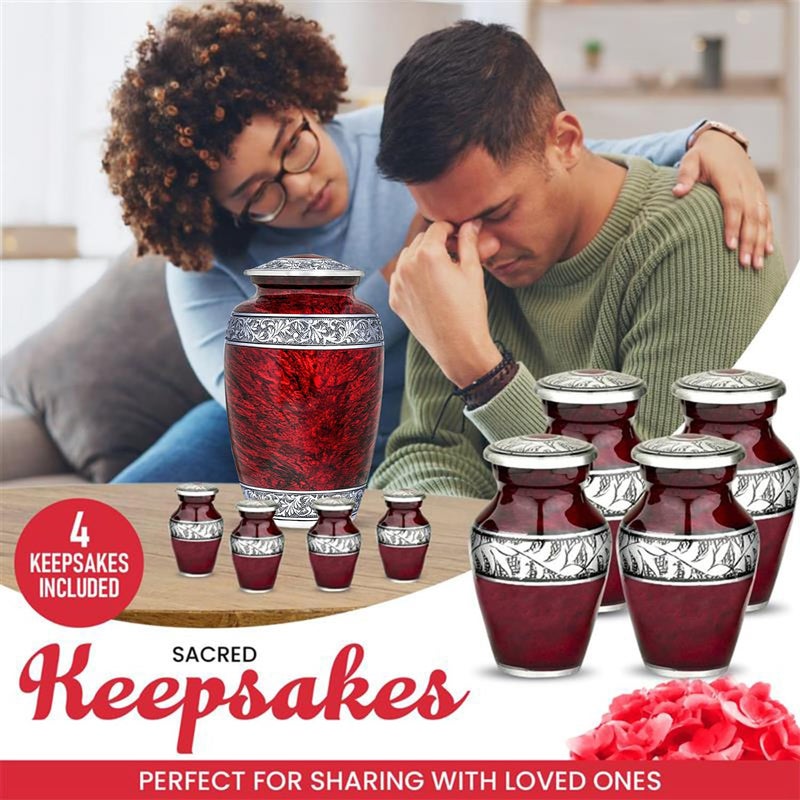 LIFAG Red Urn Sets of 6 Funeral & Cremation Urns for Human Ashes Adult Man or Woman | 1 Large Red Urns for Human Ashes Adult Female with an Ash Necklace & 4 Small Urns for Family Sharing - Image 5