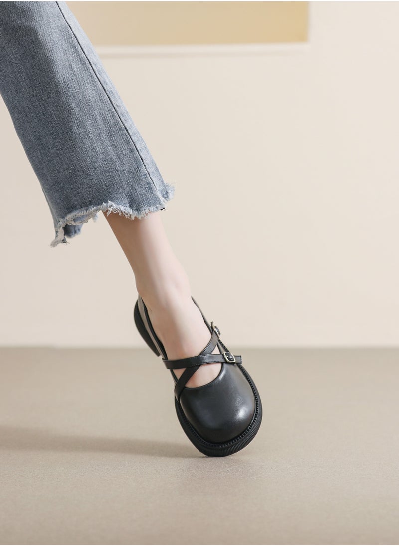 Loquat Cross Buckle Preppy Soft Soled Leather Shoes Black  - Image 2