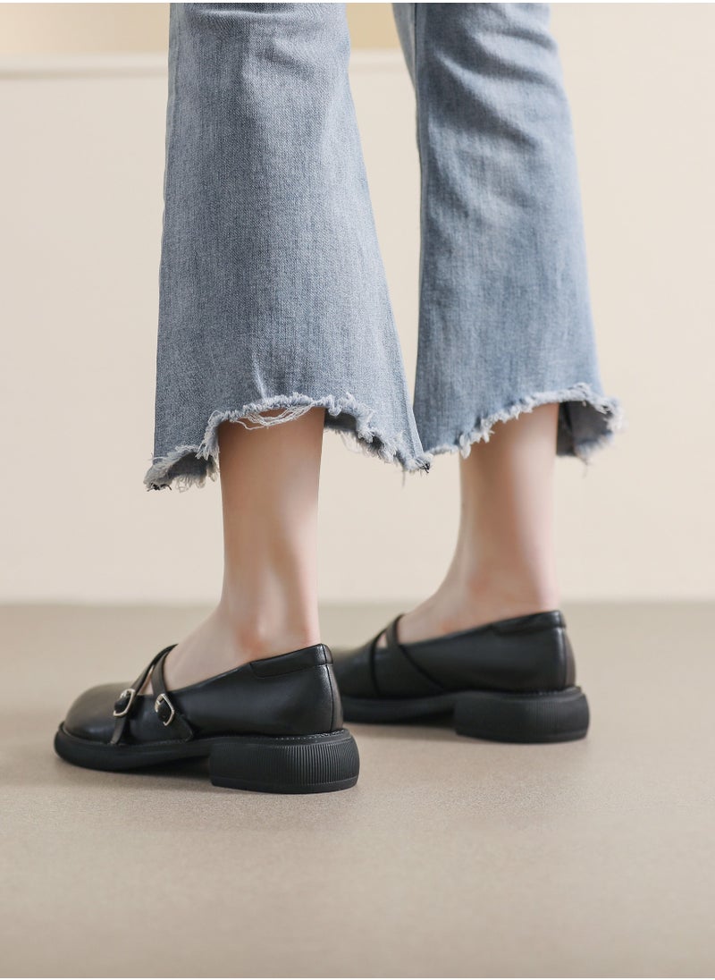 Loquat Cross Buckle Preppy Soft Soled Leather Shoes Black  - Image 3