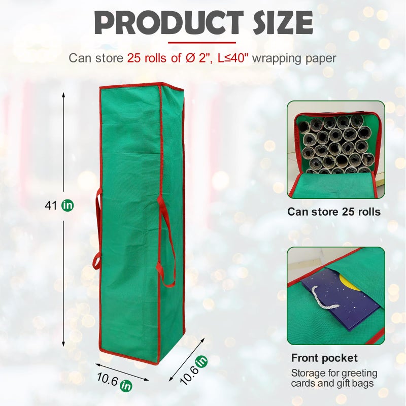 bruwaa Wrapping Paper Organizer Storage Bag Containers, 41 Inch Gift Wrapping Organizer Storage, Stores up to 25 Rolls 2â€ Diam, Green - Image 2