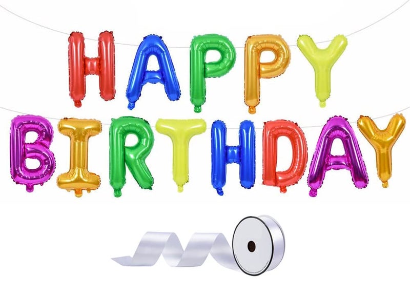atorakushon Rainbow Colour Happy Birthday Foil Letters Balloons Banner 14.5 inch With Ribbon straw Perfect for Decorating the Babies Kids Adults Birthday Party - Image 1