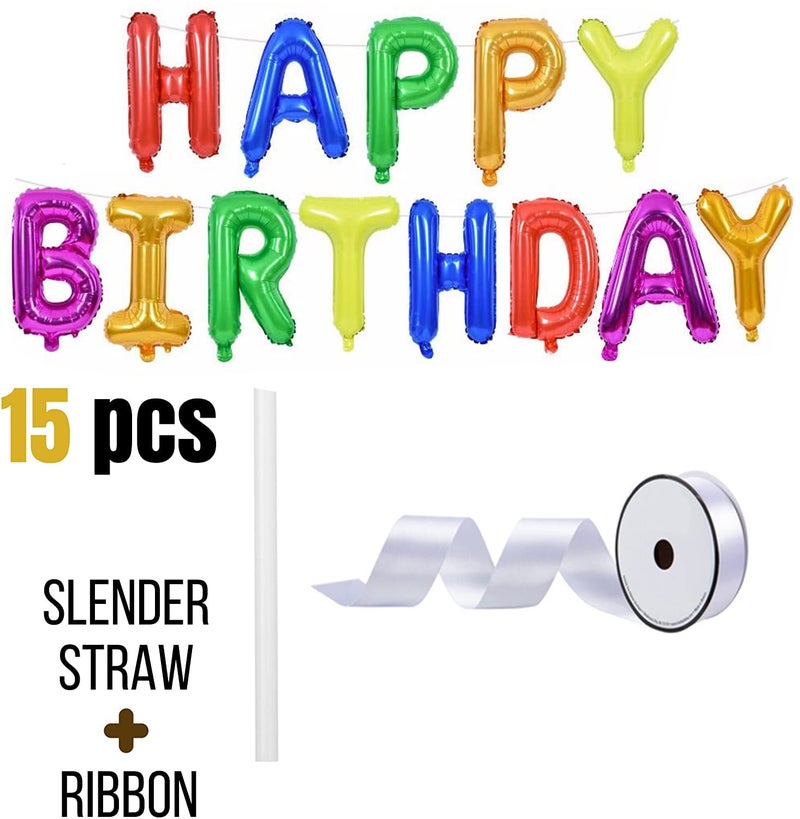 atorakushon Rainbow Colour Happy Birthday Foil Letters Balloons Banner 14.5 inch With Ribbon straw Perfect for Decorating the Babies Kids Adults Birthday Party - Image 2