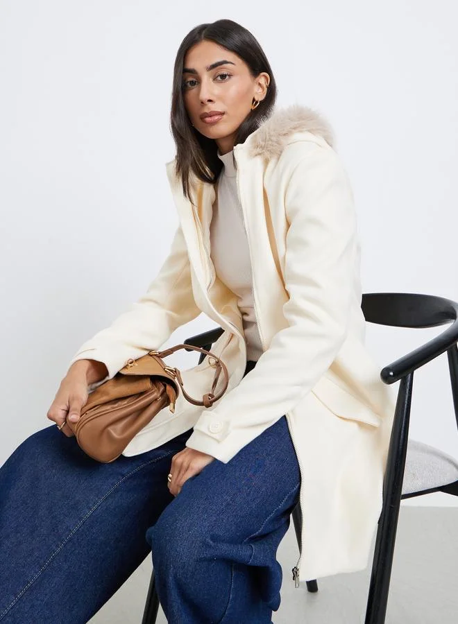 Styli Off White Longline Wool Like Coat with Faux Fur Trim