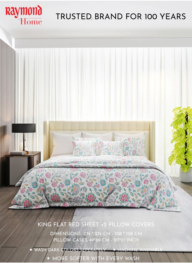 Raymond Raymond Home King Flat Sheet Bedsheet 200 Thread Count Luxirious 100% Long Staple Cotton Bedding Printed Sateen Percale Finish Bed Linen with 2 Pillow Case - Purple (274 * 274 CM)  - Image 3