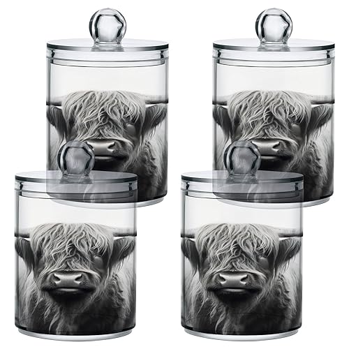 Kigai Highland Cow Qtip Holder Dispenser for Cotton Ball Cotton SwabPlastic Clear Apothecary Jar Home Dcor Kitchen Storage Jar4 Pack - Image 1