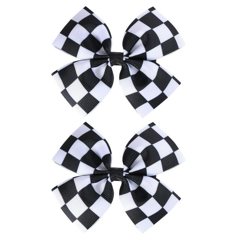 Miroksh 2Pc Racing Checkered Flag Hair Bow Clips 4 inch Girls Women Black White Buffalo Plaid Ribbon Pigtail Bow Barrettes Race Fan Hair Accessories CarThemed Birthday Party Gift